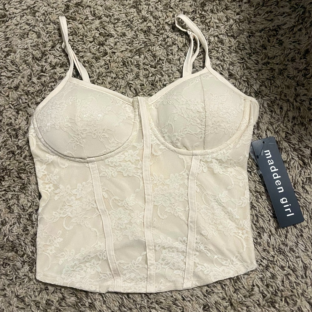 NWT Madden Girl Lace Corset Top | Size L | Off-White Floral Padded